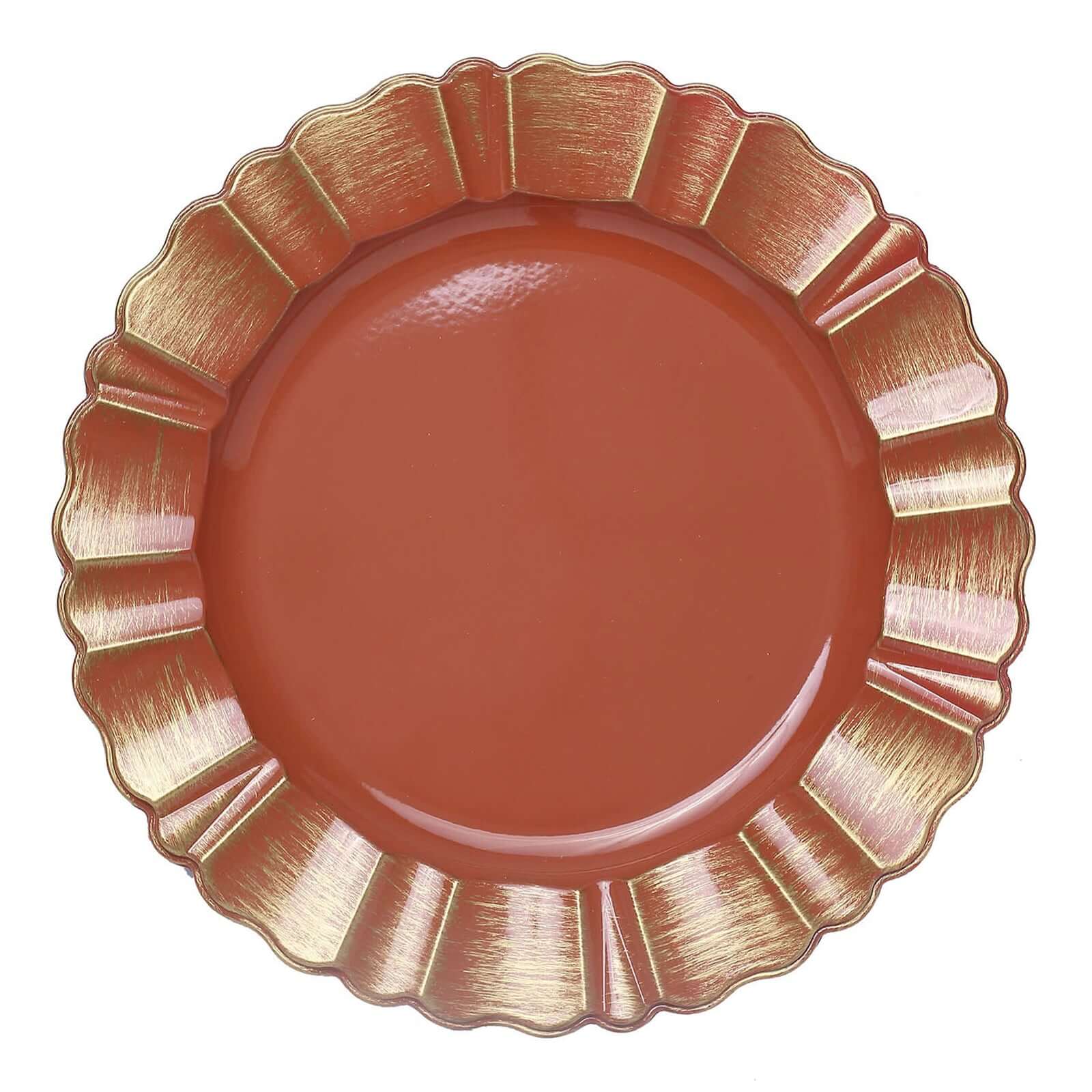 6 - Pack Acrylic Plastic Round Charger Plates 13" in Terracotta (Rust) with Gold Brushed Wavy Scalloped Rim, Decorative Dinner Party Charger Tableware - Bell Racket Store