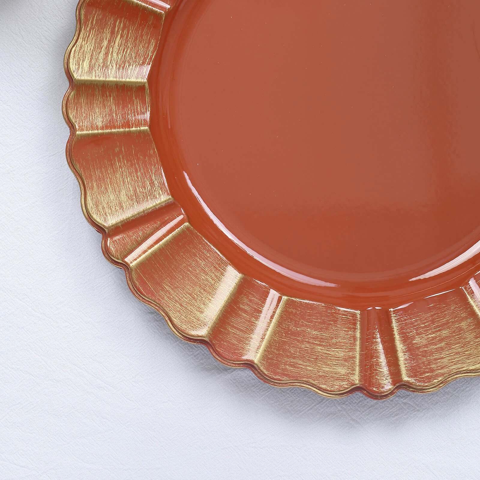 6 - Pack Acrylic Plastic Round Charger Plates 13" in Terracotta (Rust) with Gold Brushed Wavy Scalloped Rim, Decorative Dinner Party Charger Tableware - Bell Racket Store