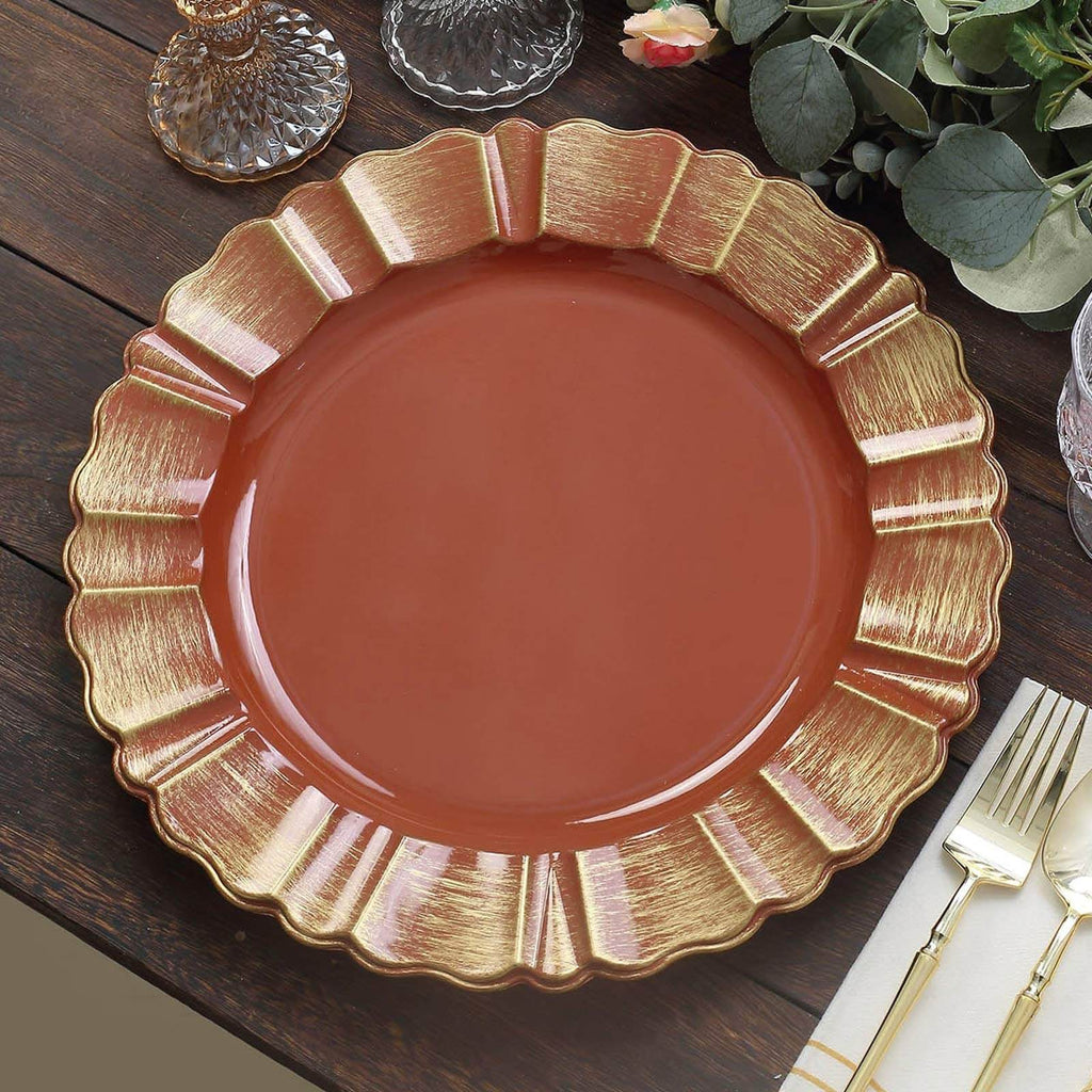 6 - Pack Acrylic Plastic Round Charger Plates 13" in Terracotta (Rust) with Gold Brushed Wavy Scalloped Rim, Decorative Dinner Party Charger Tableware - Bell Racket Store