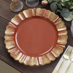 6 - Pack Acrylic Plastic Round Charger Plates 13" in Terracotta (Rust) with Gold Brushed Wavy Scalloped Rim, Decorative Dinner Party Charger Tableware - Bell Racket Store