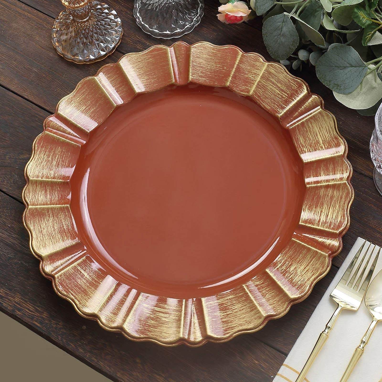 6 - Pack Acrylic Plastic Round Charger Plates 13" in Terracotta (Rust) with Gold Brushed Wavy Scalloped Rim, Decorative Dinner Party Charger Tableware - Bell Racket Store