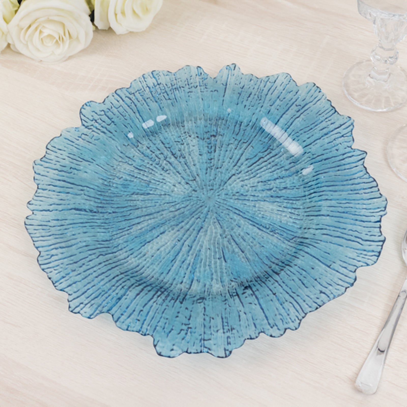 6 - Pack Acrylic Plastic Round Charger Plates 13" in Transparent Dusty Blue with Reef Design, Dinner Charger Tableware - Bell Racket Store