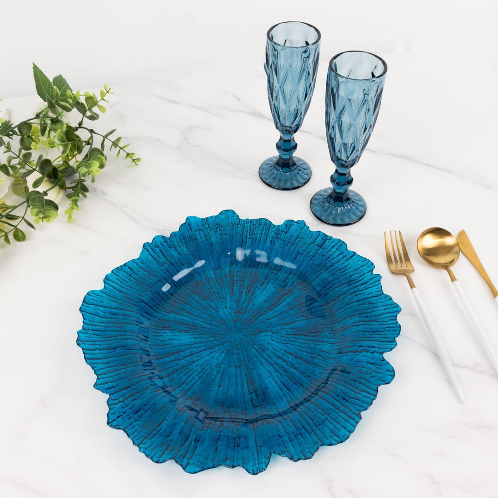 6 - Pack Acrylic Plastic Round Charger Plates 13" in Transparent Navy Blue with Reef Design, Dinner Charger Tableware - Bell Racket Store