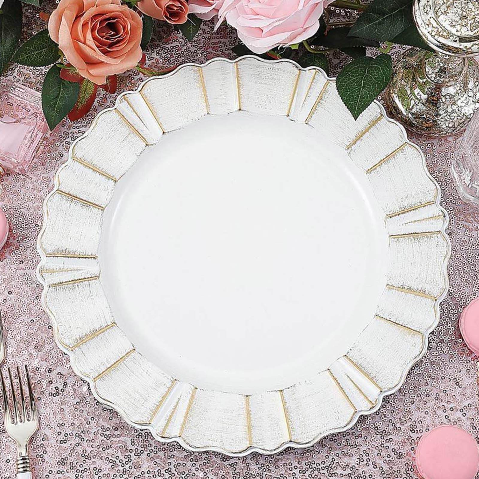 6-Pack Acrylic Plastic Round Charger Plates 13" in White with Gold Brushed Wavy Scalloped Rim, Decorative Dinner Party Charger Tableware