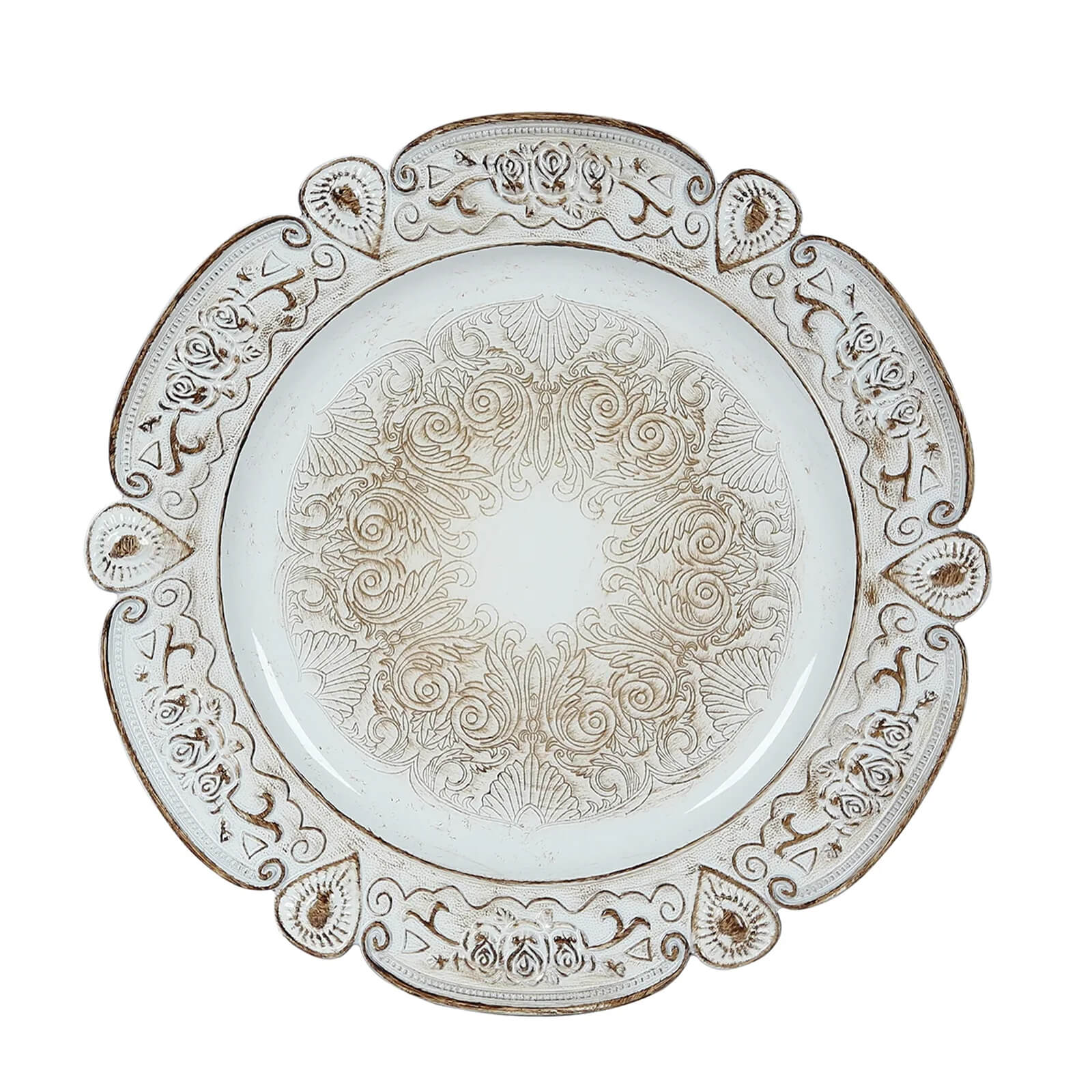 6 - Pack Acrylic Round Charger Plates 13" in Antique White Floral Embossed with Scalloped Rim, Plastic Decorative Charger Tableware - Bell Racket Store