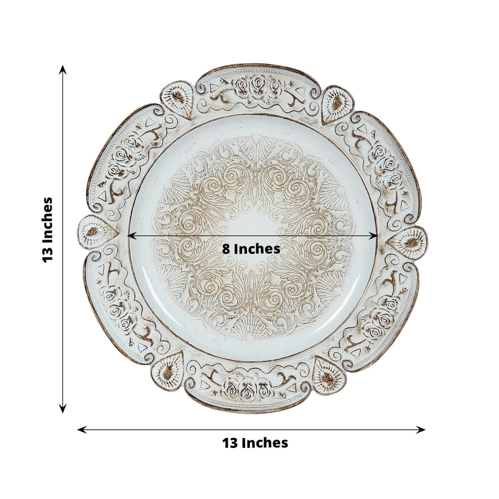 6 - Pack Acrylic Round Charger Plates 13" in Antique White Floral Embossed with Scalloped Rim, Plastic Decorative Charger Tableware - Bell Racket Store