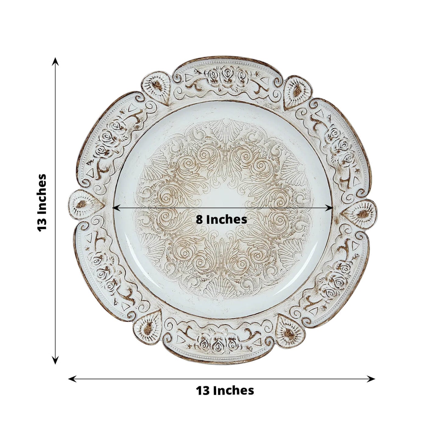 6 - Pack Acrylic Round Charger Plates 13" in Antique White Floral Embossed with Scalloped Rim, Plastic Decorative Charger Tableware - Bell Racket Store