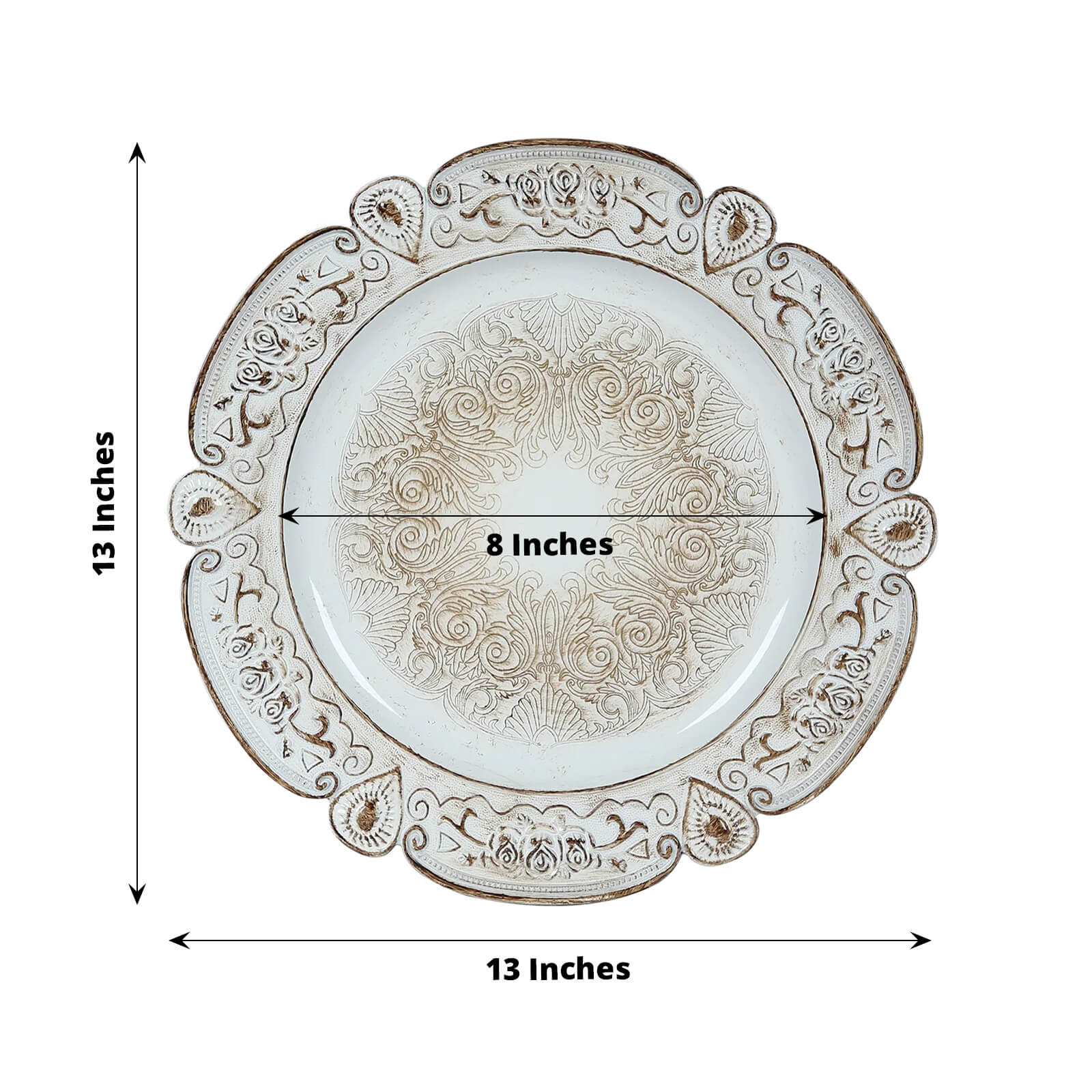 6 - Pack Acrylic Round Charger Plates 13" in Antique White Floral Embossed with Scalloped Rim, Plastic Decorative Charger Tableware - Bell Racket Store