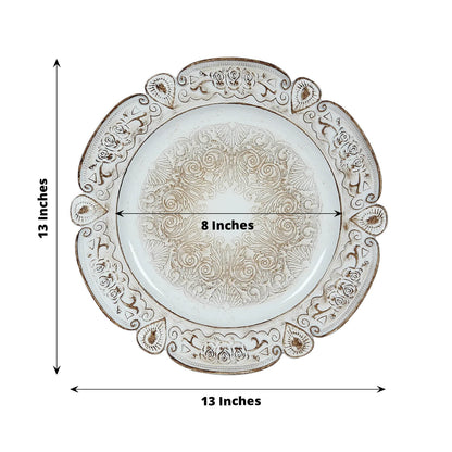 6 - Pack Acrylic Round Charger Plates 13" in Antique White Floral Embossed with Scalloped Rim, Plastic Decorative Charger Tableware - Bell Racket Store