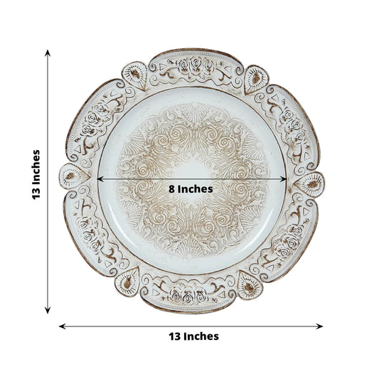6 - Pack Acrylic Round Charger Plates 13" in Antique White Floral Embossed with Scalloped Rim, Plastic Decorative Charger Tableware - Bell Racket Store