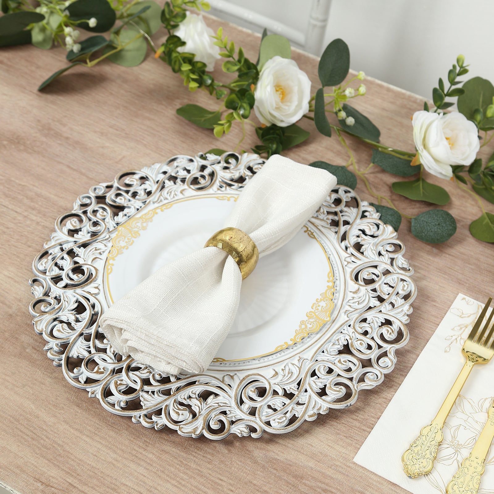 6 - Pack Acrylic Round Charger Plates 13" in Antique White with Vintage Floral Carved Rim, Event Tabletop Decorative Charger Tableware - Bell Racket Store