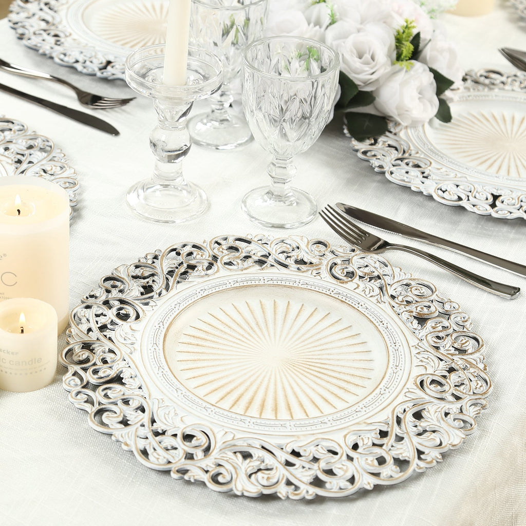 6 - Pack Acrylic Round Charger Plates 13" in Antique White with Vintage Floral Carved Rim, Event Tabletop Decorative Charger Tableware - Bell Racket Store
