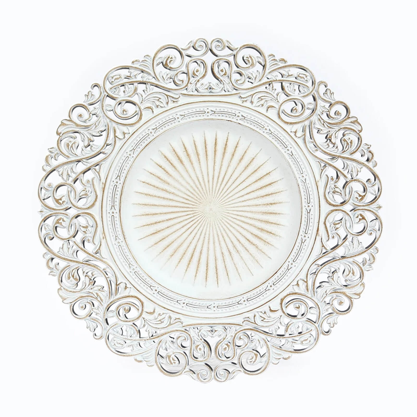 6 - Pack Acrylic Round Charger Plates 13" in Antique White with Vintage Floral Carved Rim, Event Tabletop Decorative Charger Tableware - Bell Racket Store