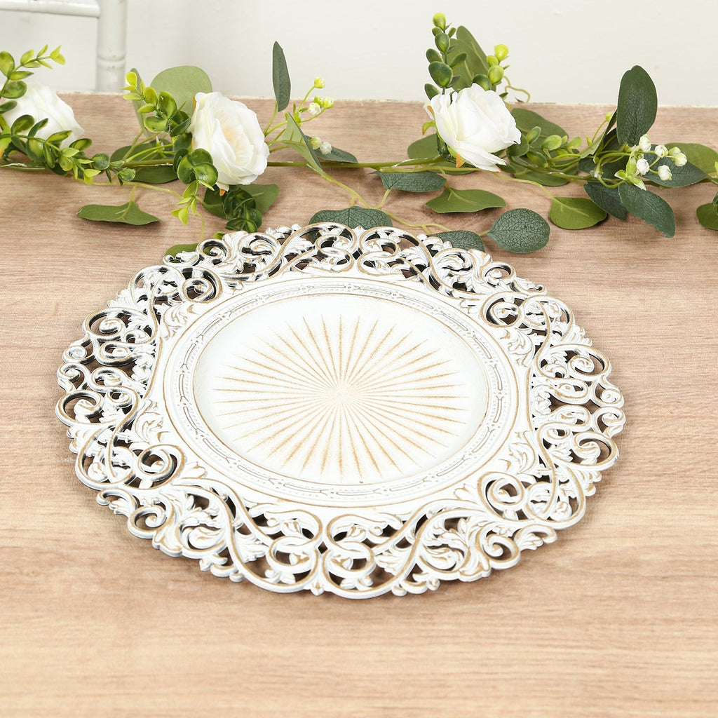 6 - Pack Acrylic Round Charger Plates 13" in Antique White with Vintage Floral Carved Rim, Event Tabletop Decorative Charger Tableware - Bell Racket Store