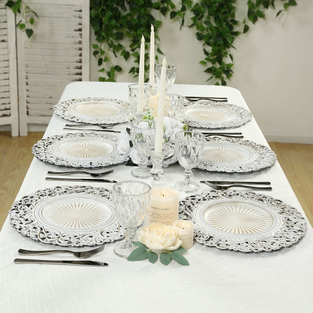 6 - Pack Acrylic Round Charger Plates 13" in Antique White with Vintage Floral Carved Rim, Event Tabletop Decorative Charger Tableware - Bell Racket Store