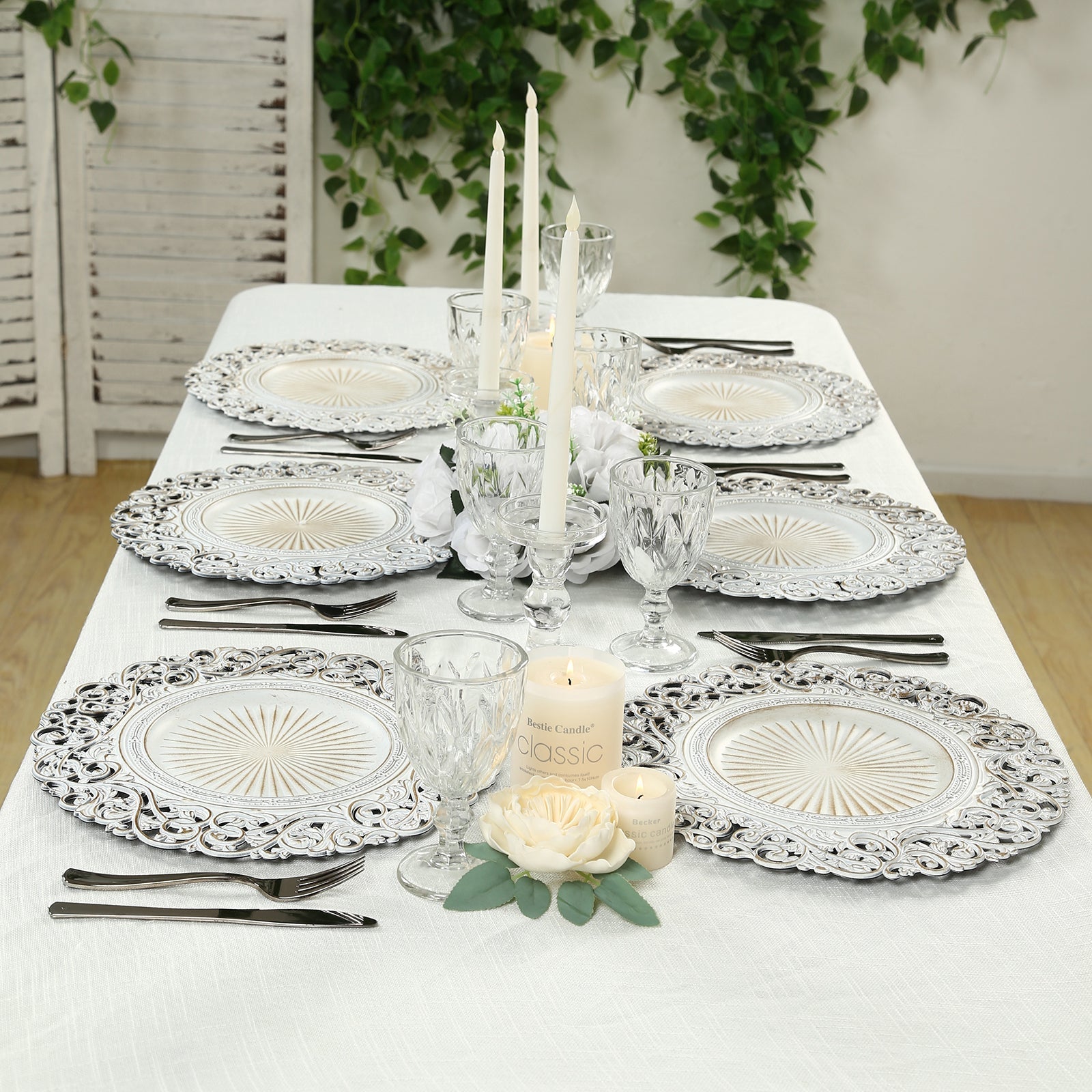 6 - Pack Acrylic Round Charger Plates 13" in Antique White with Vintage Floral Carved Rim, Event Tabletop Decorative Charger Tableware - Bell Racket Store