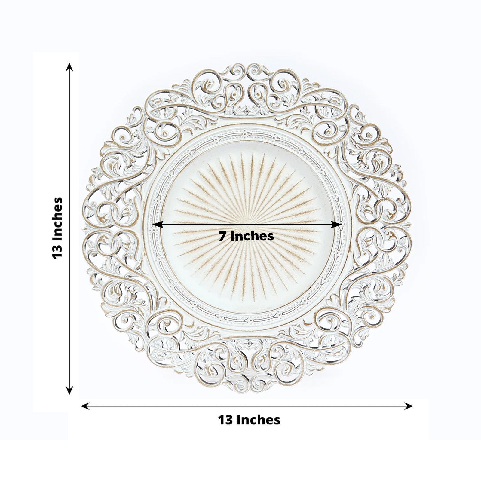 6 - Pack Acrylic Round Charger Plates 13" in Antique White with Vintage Floral Carved Rim, Event Tabletop Decorative Charger Tableware - Bell Racket Store