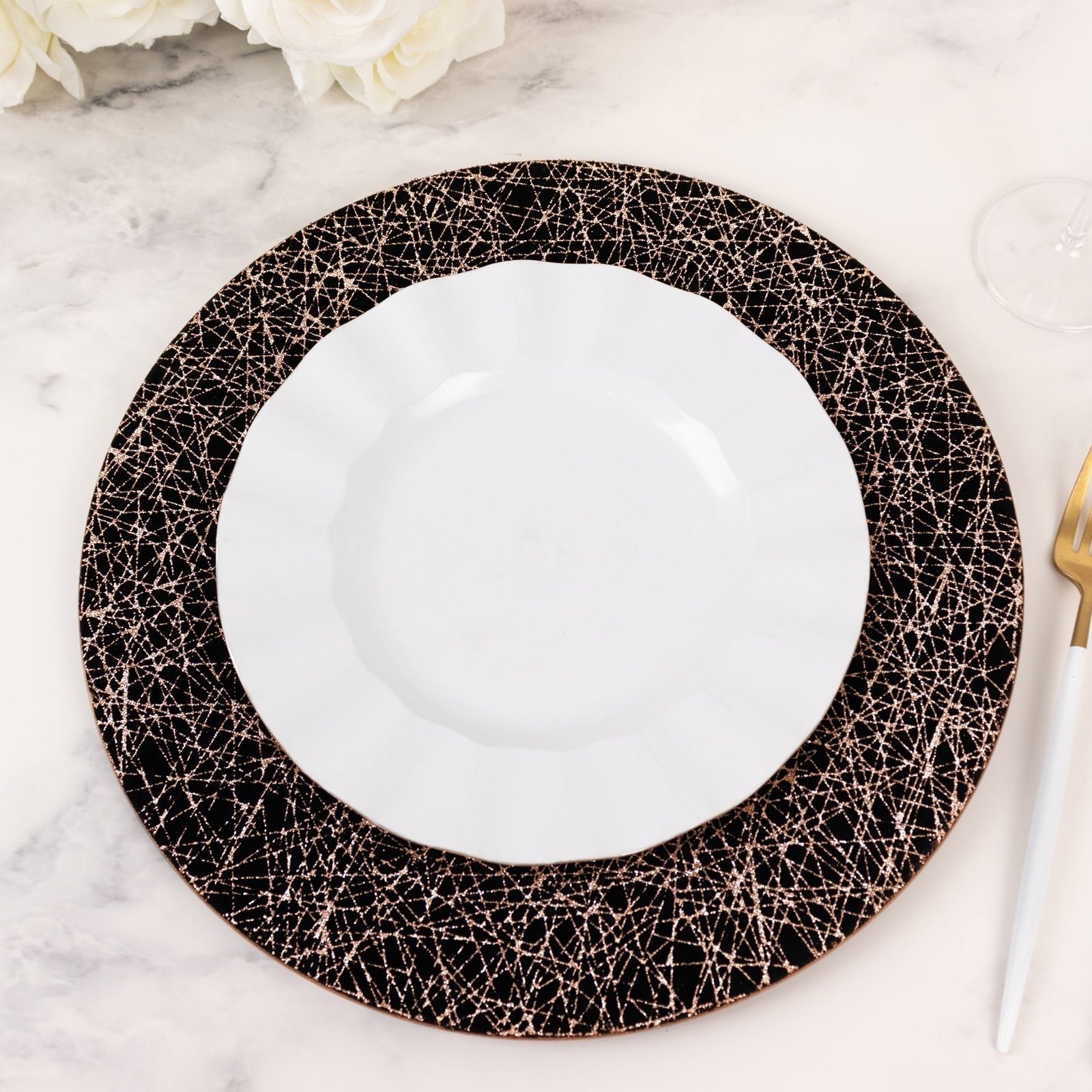 6 - Pack Acrylic Round Charger Plates 13" in Black with Gold Glitter Abstract Lines Pattern, Decorative Dinner Party Charger Tableware - Bell Racket Store