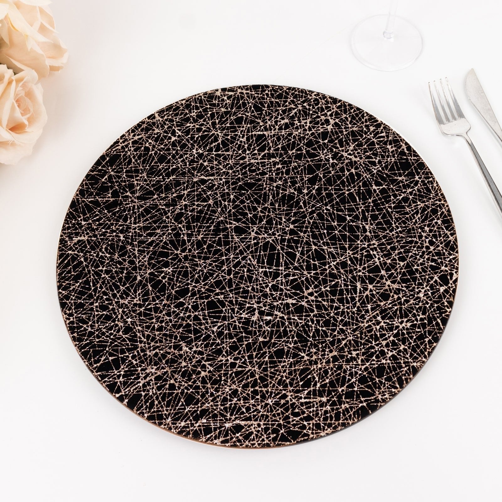 6 - Pack Acrylic Round Charger Plates 13" in Black with Gold Glitter Abstract Lines Pattern, Decorative Dinner Party Charger Tableware - Bell Racket Store