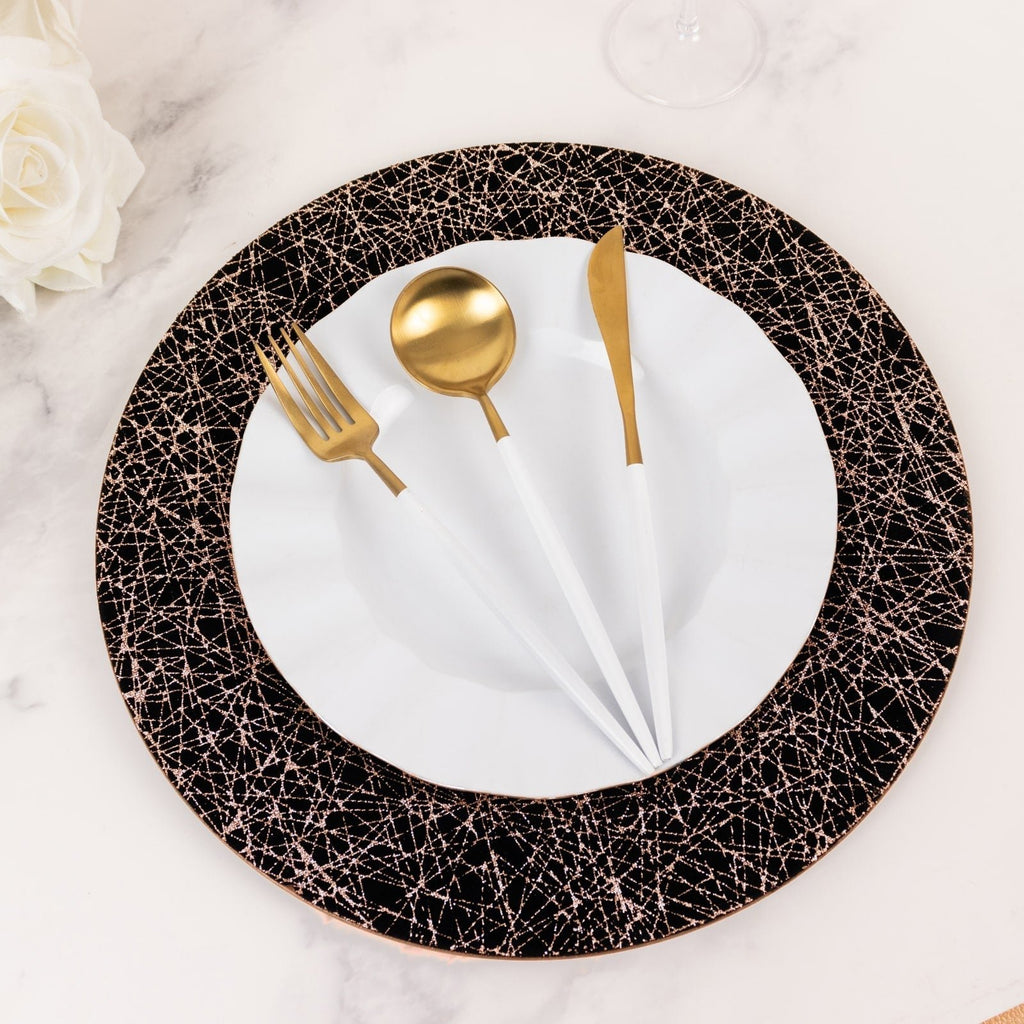 6 - Pack Acrylic Round Charger Plates 13" in Black with Gold Glitter Abstract Lines Pattern, Decorative Dinner Party Charger Tableware - Bell Racket Store