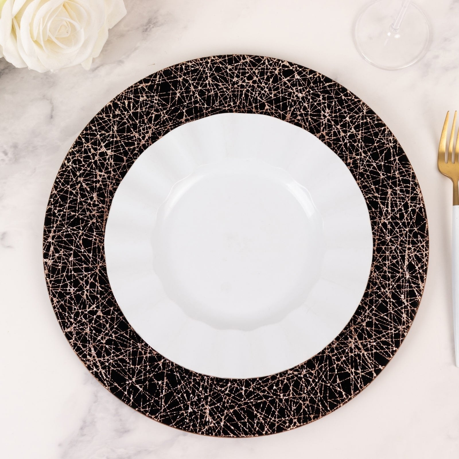 6 - Pack Acrylic Round Charger Plates 13" in Black with Gold Glitter Abstract Lines Pattern, Decorative Dinner Party Charger Tableware - Bell Racket Store