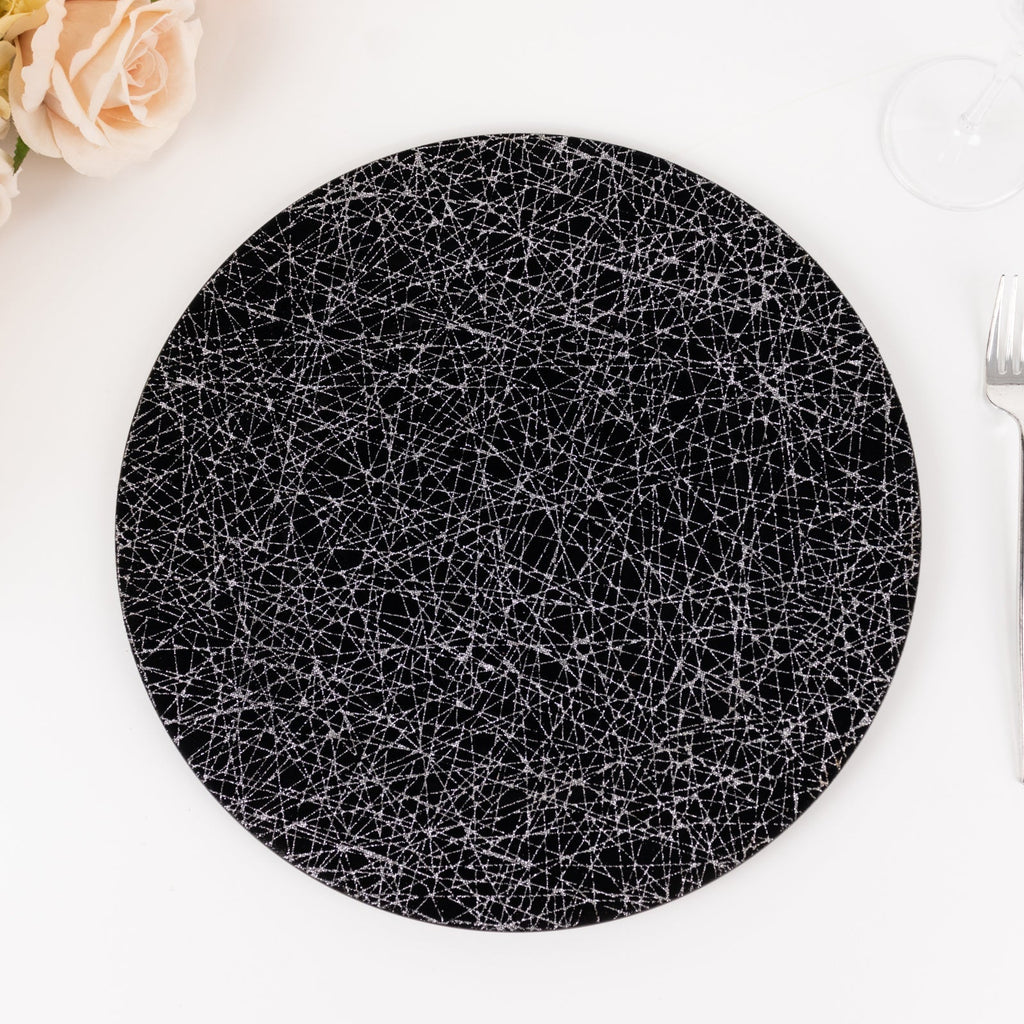 6 - Pack Acrylic Round Charger Plates 13" in Black with Silver Glitter Abstract Lines Pattern, Decorative Dinner Party Charger Tableware - Bell Racket Store