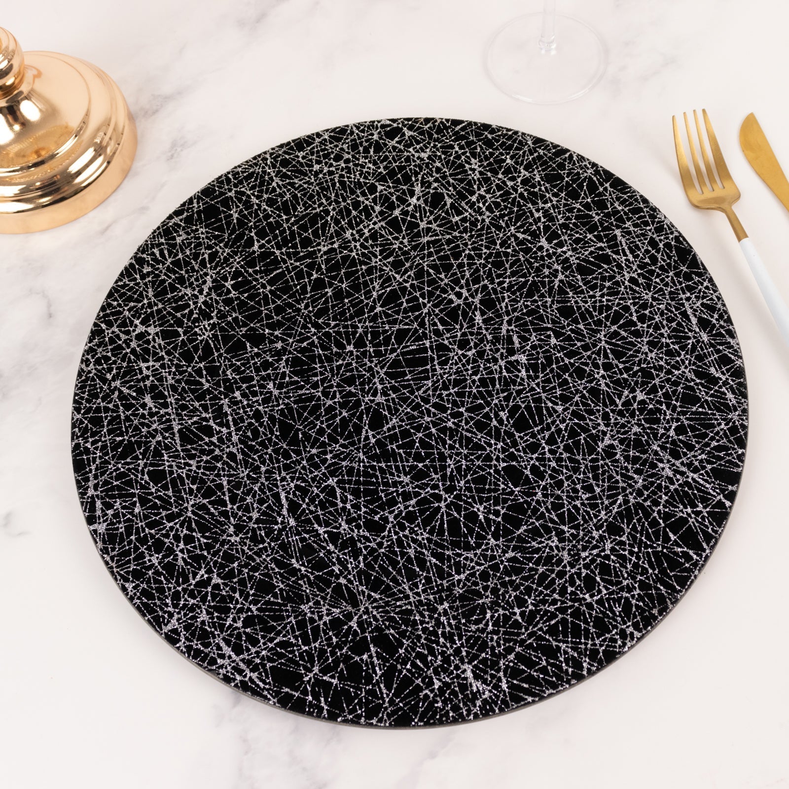 6 - Pack Acrylic Round Charger Plates 13" in Black with Silver Glitter Abstract Lines Pattern, Decorative Dinner Party Charger Tableware - Bell Racket Store