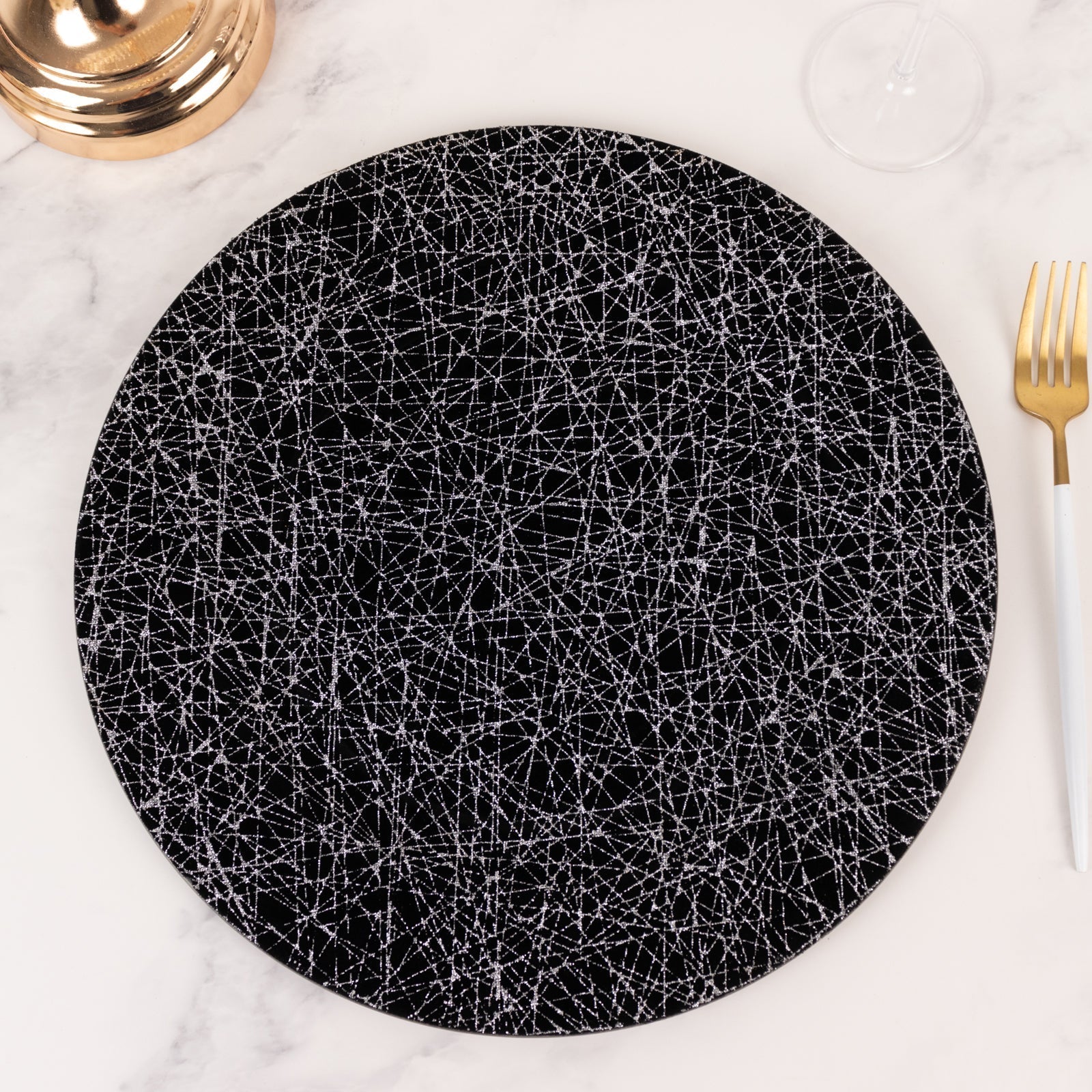 6 - Pack Acrylic Round Charger Plates 13" in Black with Silver Glitter Abstract Lines Pattern, Decorative Dinner Party Charger Tableware - Bell Racket Store