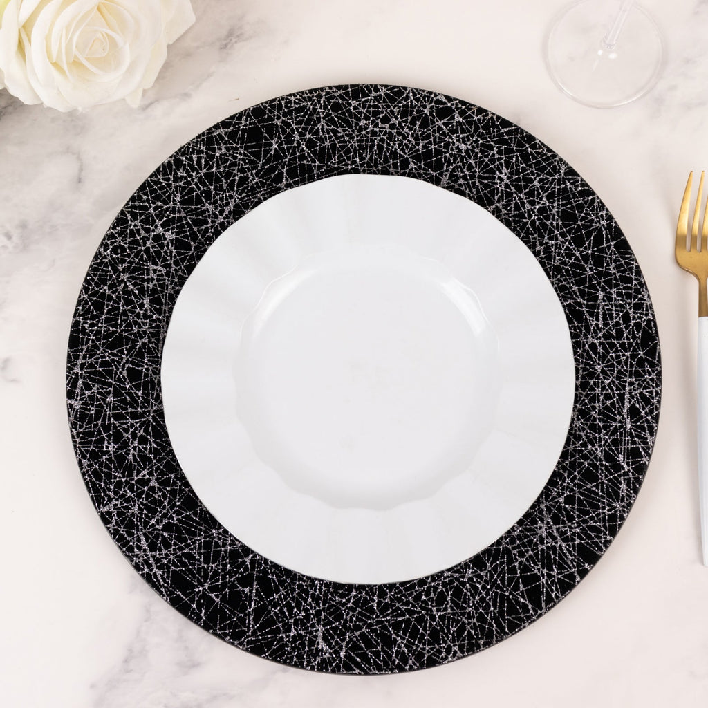 6 - Pack Acrylic Round Charger Plates 13" in Black with Silver Glitter Abstract Lines Pattern, Decorative Dinner Party Charger Tableware - Bell Racket Store