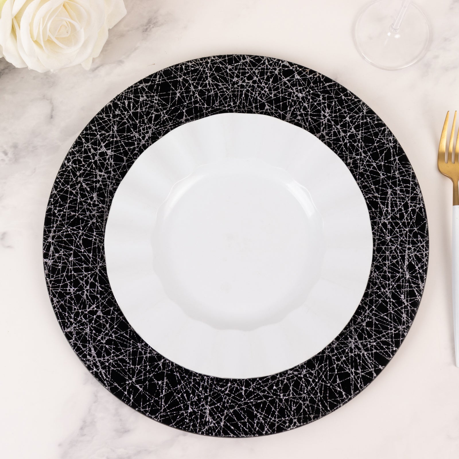 6 - Pack Acrylic Round Charger Plates 13" in Black with Silver Glitter Abstract Lines Pattern, Decorative Dinner Party Charger Tableware - Bell Racket Store