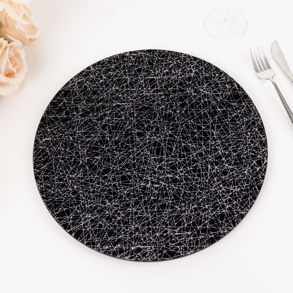 6 - Pack Acrylic Round Charger Plates 13" in Black with Silver Glitter Abstract Lines Pattern, Decorative Dinner Party Charger Tableware - Bell Racket Store