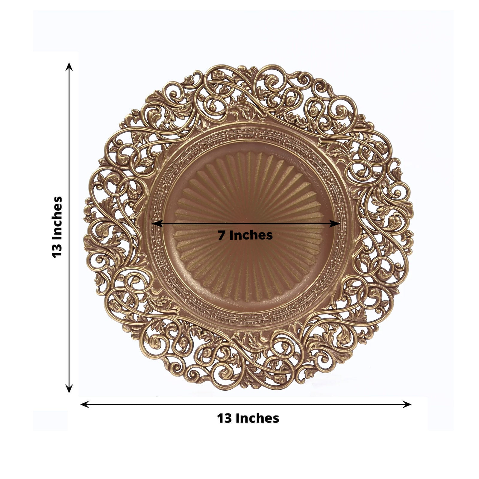 6 - Pack Acrylic Round Charger Plates 13" in Brown / Brushed Gold with Vintage Floral Carved Rim, Event Tabletop Decorative Charger Tableware - Bell Racket Store