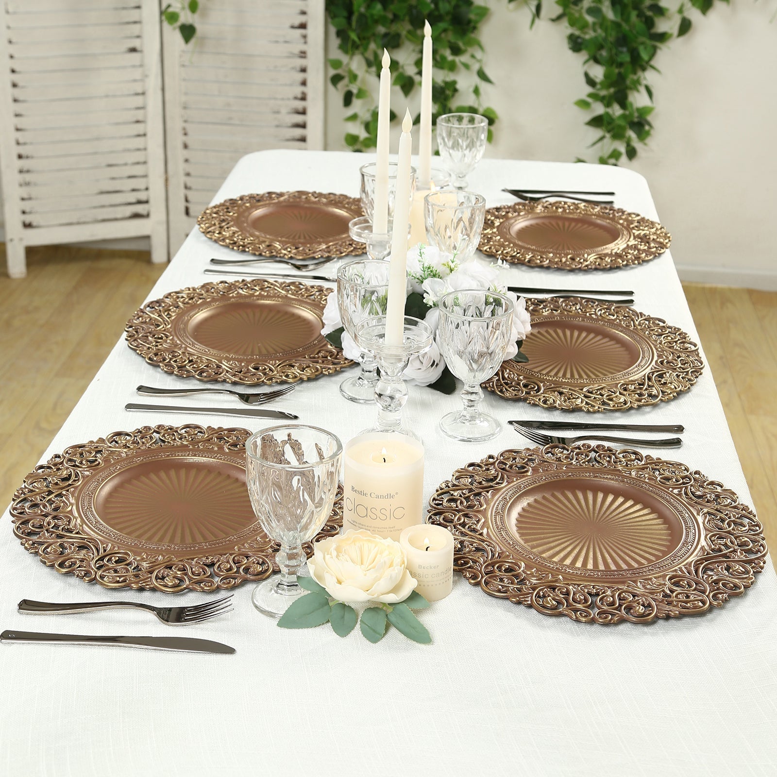 6 - Pack Acrylic Round Charger Plates 13" in Brown / Brushed Gold with Vintage Floral Carved Rim, Event Tabletop Decorative Charger Tableware - Bell Racket Store