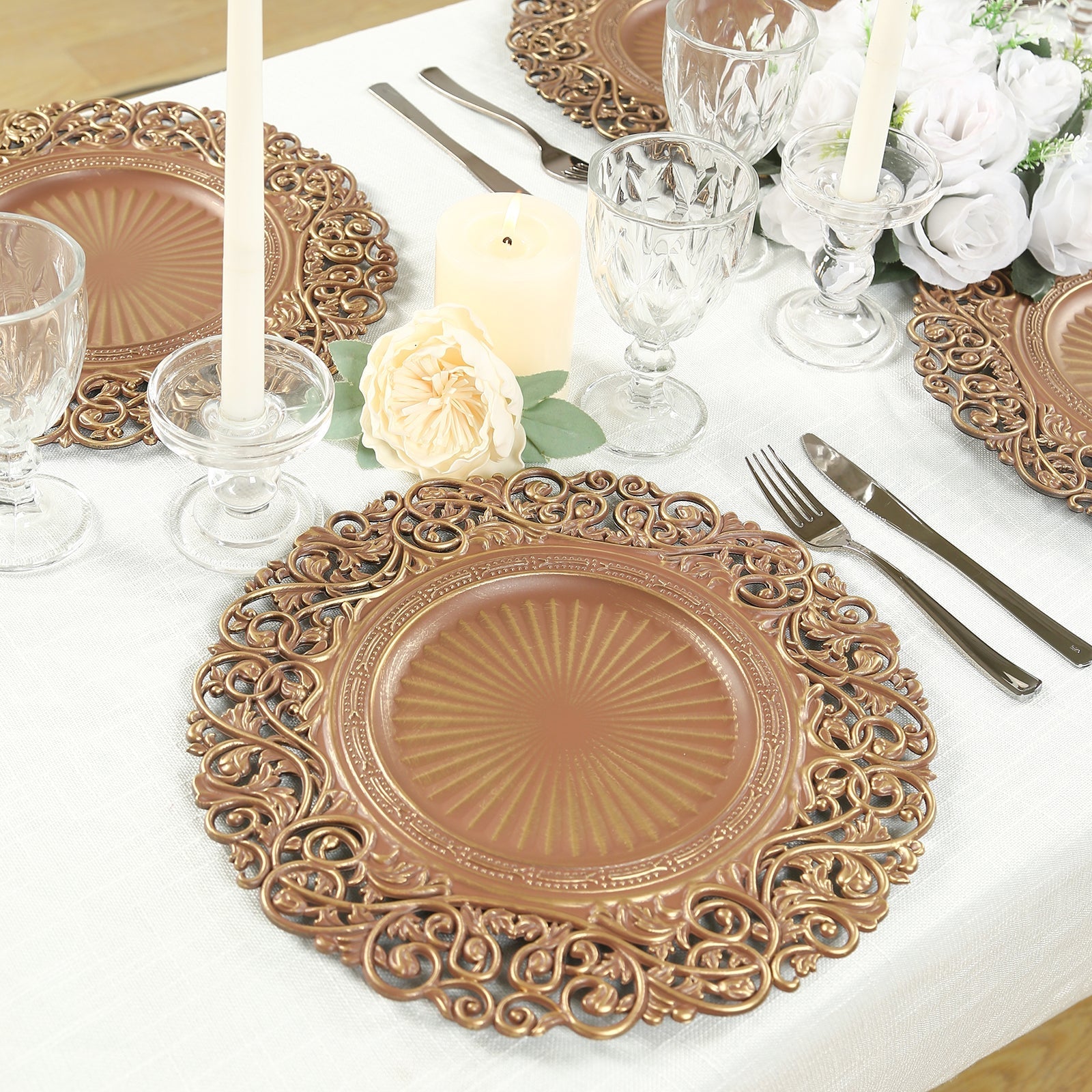 6 - Pack Acrylic Round Charger Plates 13" in Brown / Brushed Gold with Vintage Floral Carved Rim, Event Tabletop Decorative Charger Tableware - Bell Racket Store