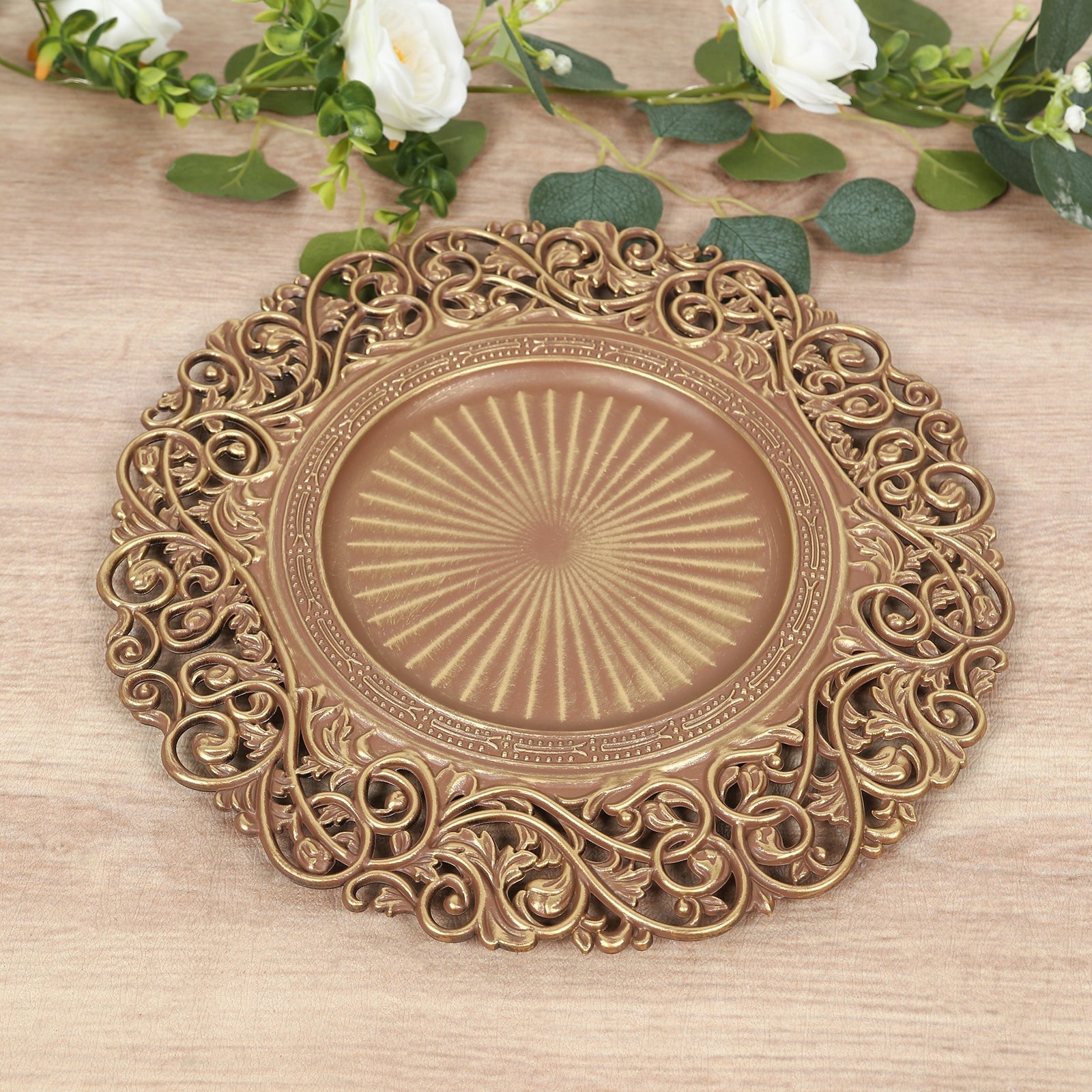 6 - Pack Acrylic Round Charger Plates 13" in Brown / Brushed Gold with Vintage Floral Carved Rim, Event Tabletop Decorative Charger Tableware - Bell Racket Store