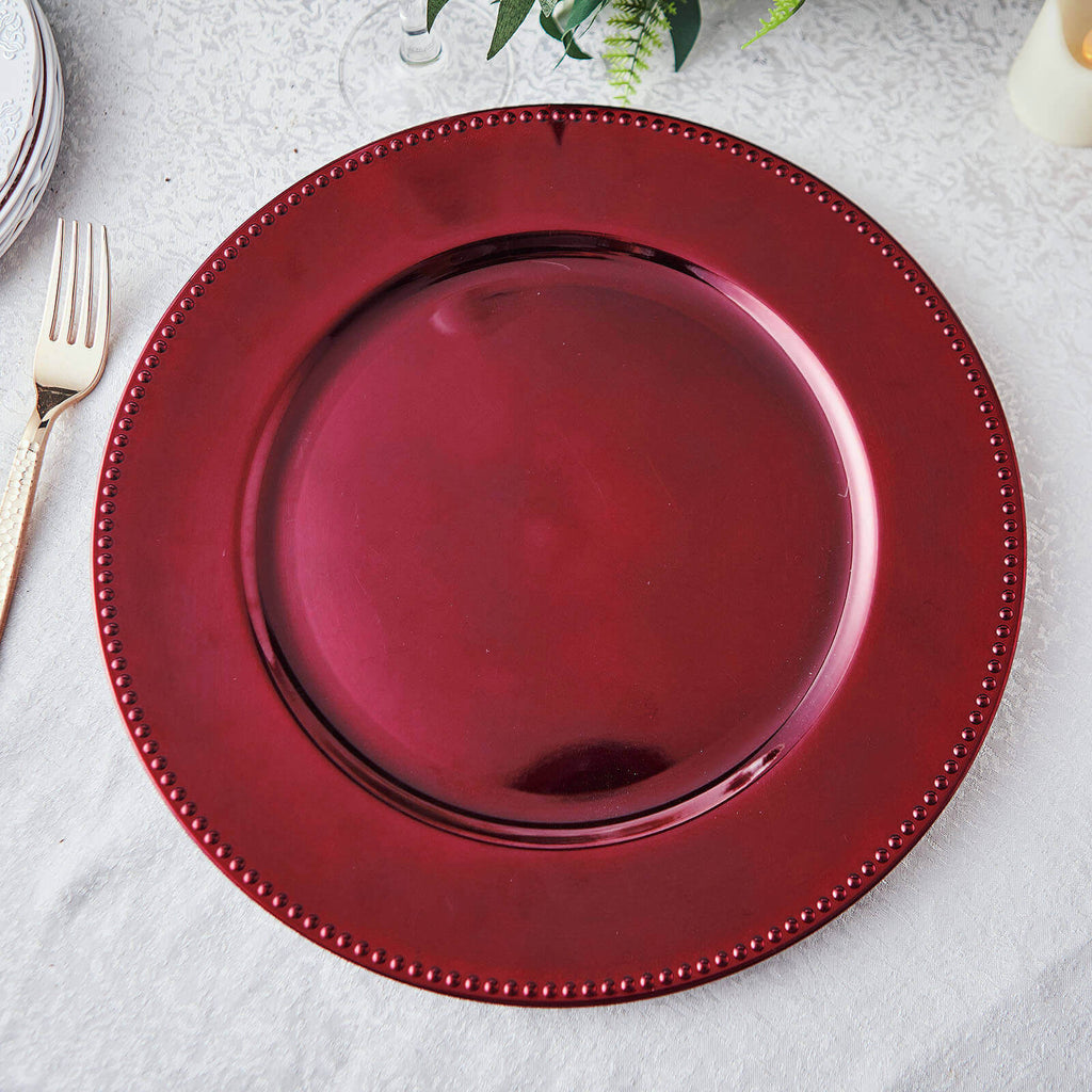 6-Pack Acrylic Round Charger Plates 13" in Burgundy with Beaded Rim, Dinner Charger Event Tabletop Decor