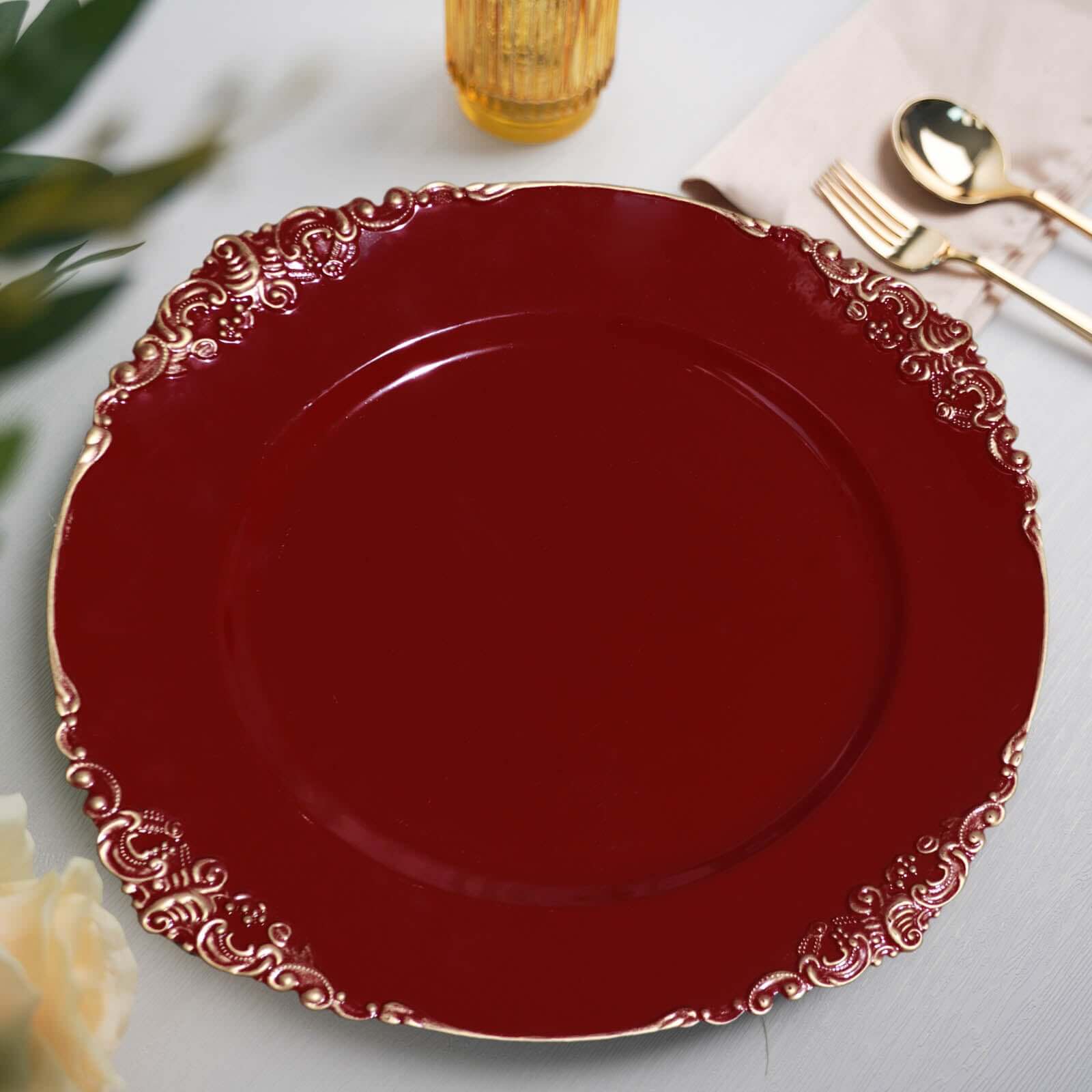6-Pack Acrylic Round Charger Plates 13" in Burgundy with Gold Embossed Baroque Rim, Antique Decorative Dinner Party Charger Tableware