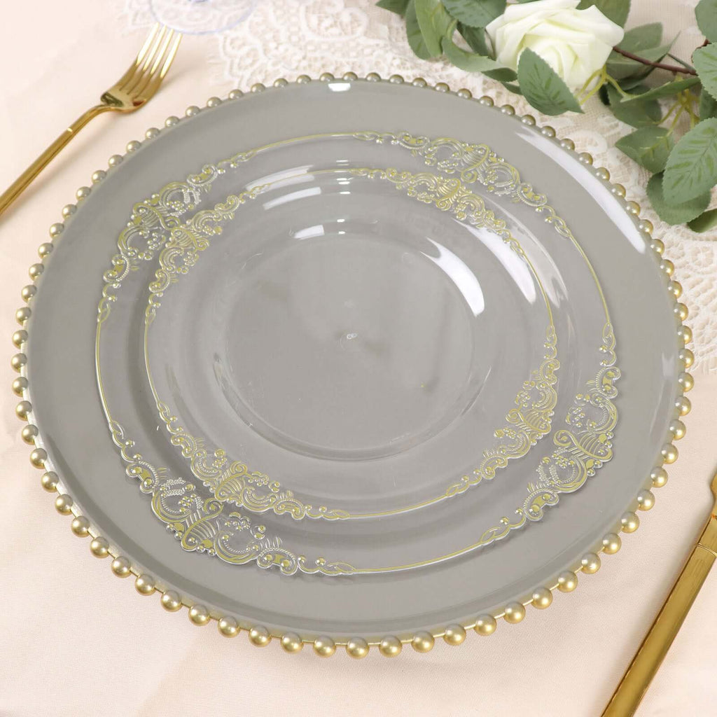 6 - Pack Acrylic Round Charger Plates 13" in Charcoal Gray with Gold Beaded Rim, Decorative Dinner Party Charger Tableware - Bell Racket Store