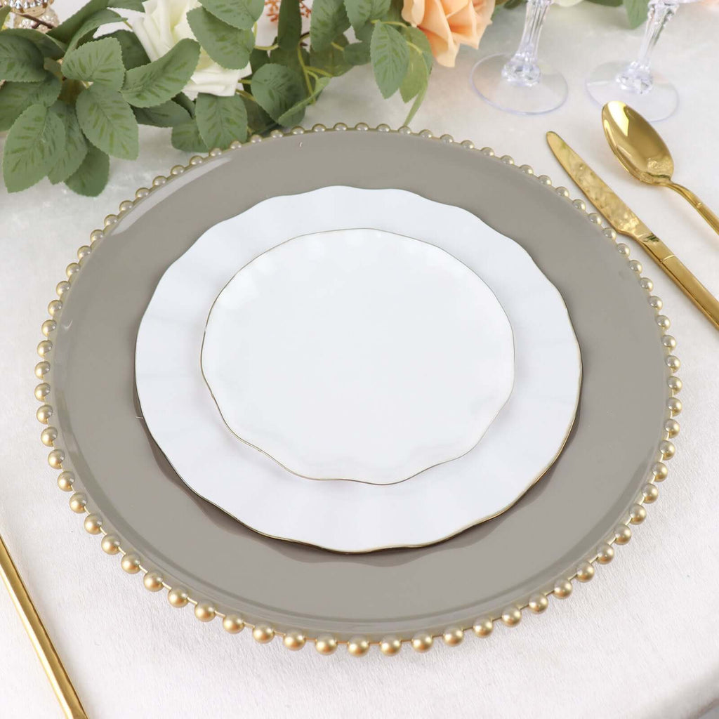 6 - Pack Acrylic Round Charger Plates 13" in Charcoal Gray with Gold Beaded Rim, Decorative Dinner Party Charger Tableware - Bell Racket Store