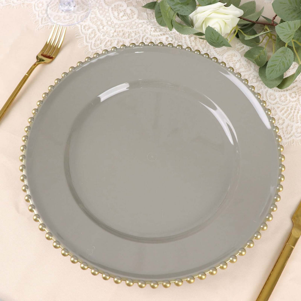 6 - Pack Acrylic Round Charger Plates 13" in Charcoal Gray with Gold Beaded Rim, Decorative Dinner Party Charger Tableware - Bell Racket Store