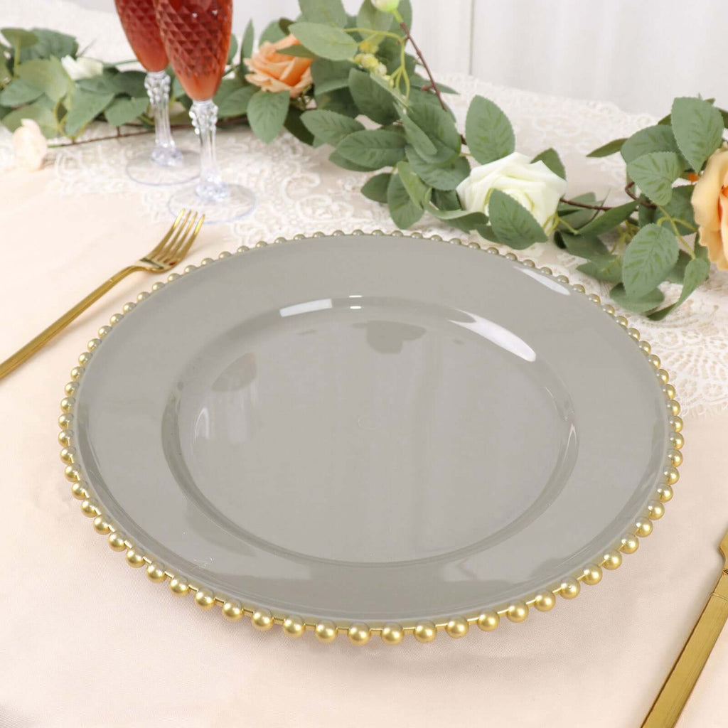 6 - Pack Acrylic Round Charger Plates 13" in Charcoal Gray with Gold Beaded Rim, Decorative Dinner Party Charger Tableware - Bell Racket Store