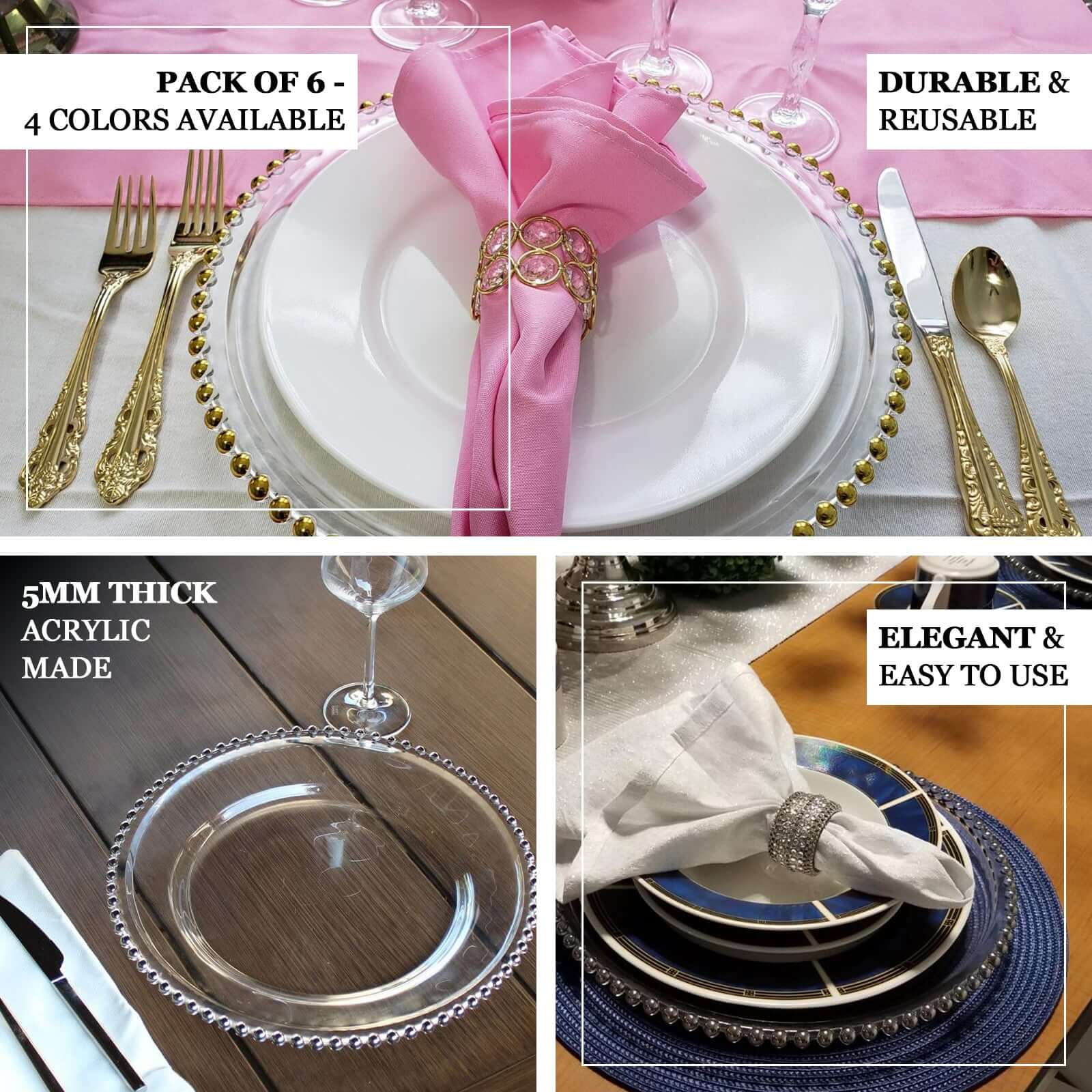 6 - Pack Acrylic Round Charger Plates 13" in Clear with Black Beaded Rim, Decorative Dinner Party Charger Tableware - Bell Racket Store