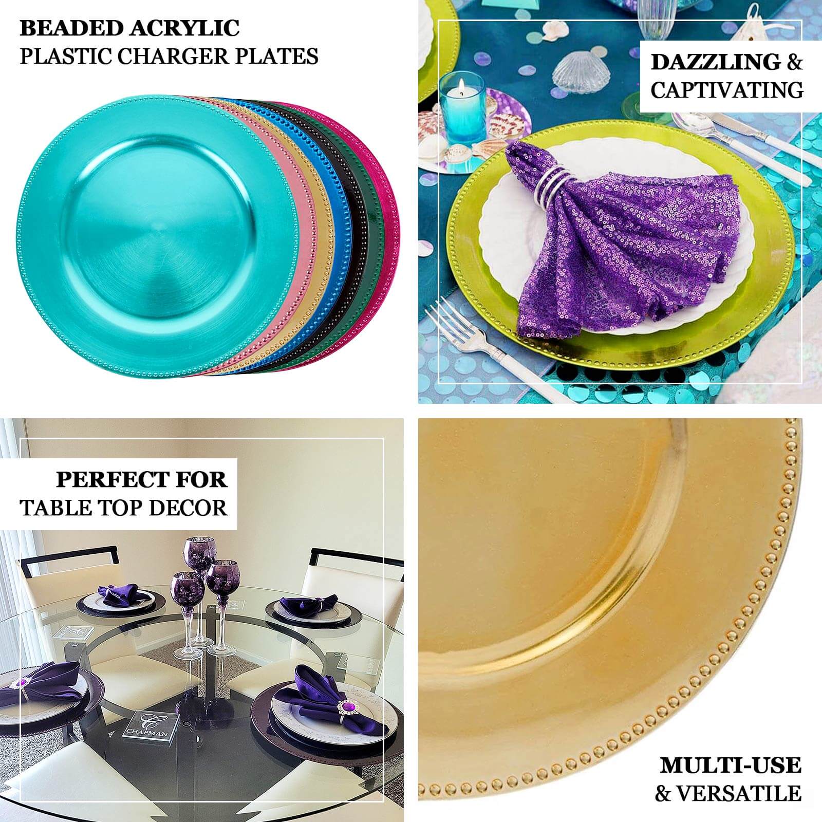 6 - Pack Acrylic Round Charger Plates 13" in Clear with Gold Beaded Rim, Dinner Charger Event Tabletop Decor - Bell Racket Store