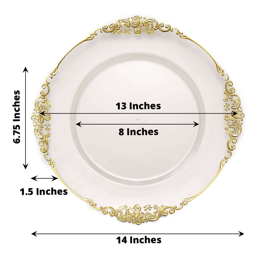 6 - Pack Acrylic Round Charger Plates 13" in Clear with Gold Embossed Baroque Rim, Antique Decorative Dinner Party Charger Tableware - Bell Racket Store