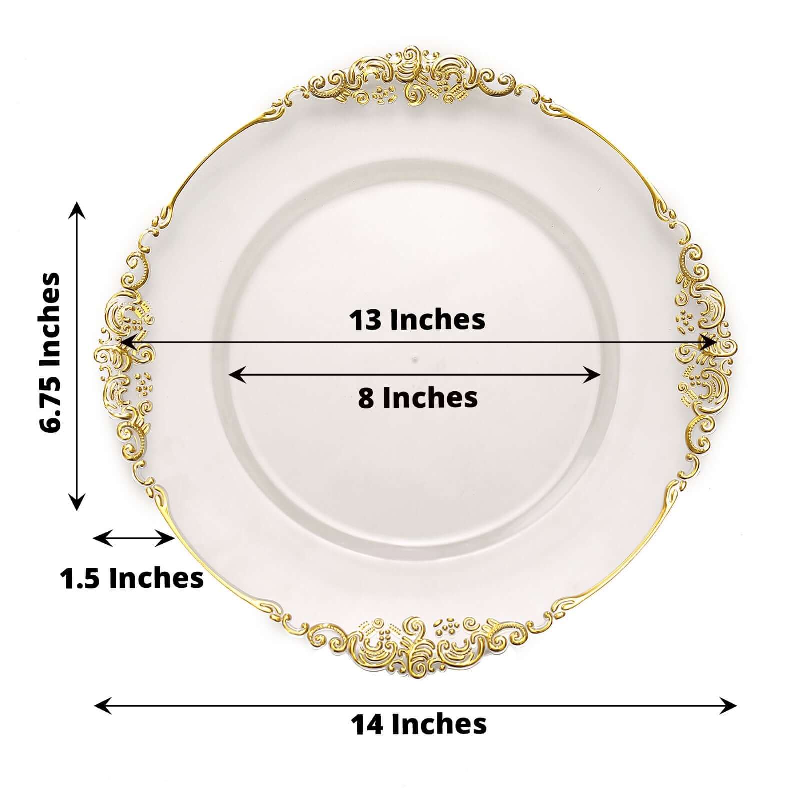 6 - Pack Acrylic Round Charger Plates 13" in Clear with Gold Embossed Baroque Rim, Antique Decorative Dinner Party Charger Tableware - Bell Racket Store