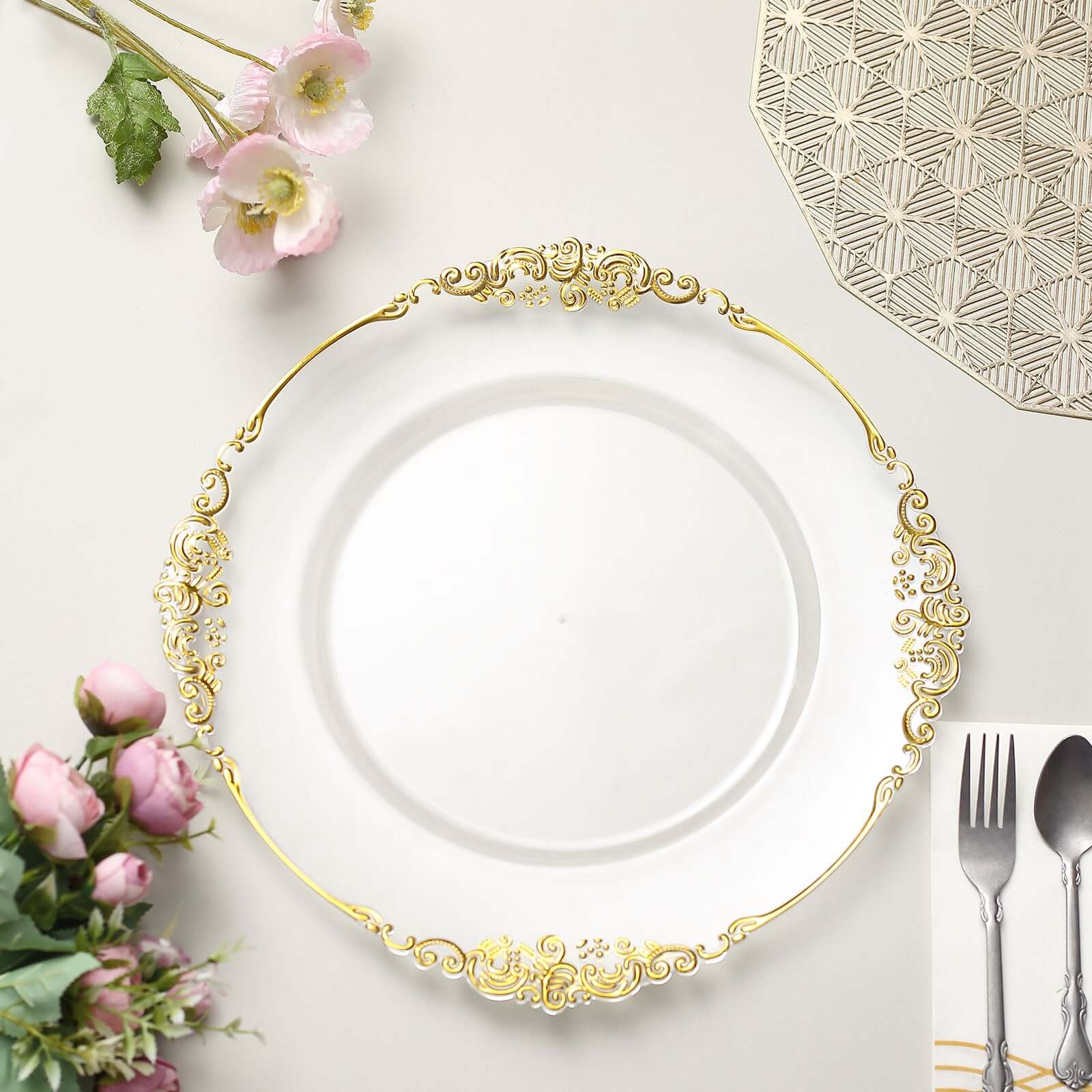 6 - Pack Acrylic Round Charger Plates 13" in Clear with Gold Embossed Baroque Rim, Antique Decorative Dinner Party Charger Tableware - Bell Racket Store