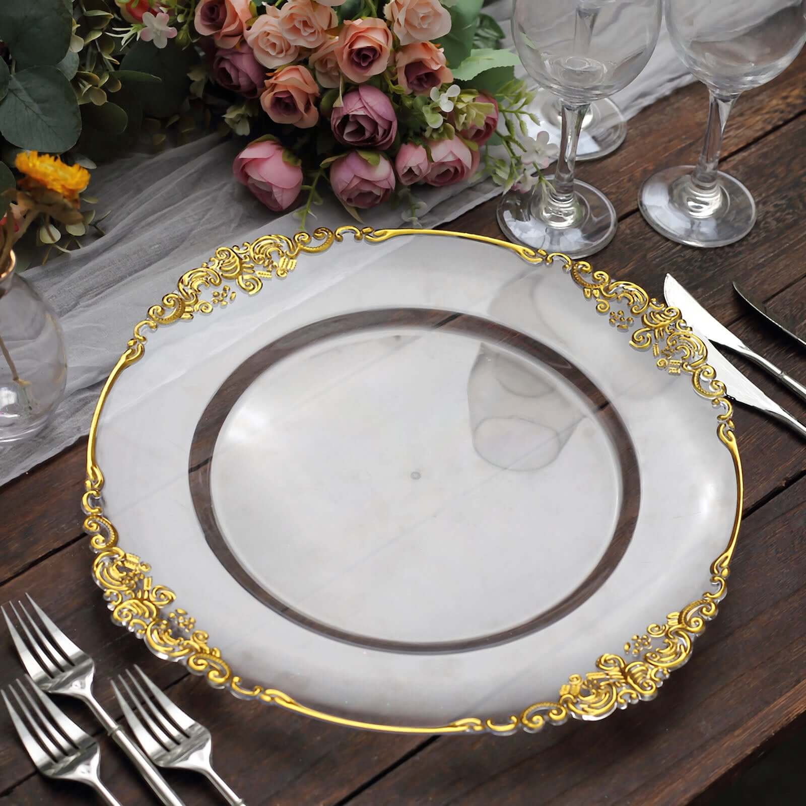 6 - Pack Acrylic Round Charger Plates 13" in Clear with Gold Embossed Baroque Rim, Antique Decorative Dinner Party Charger Tableware - Bell Racket Store