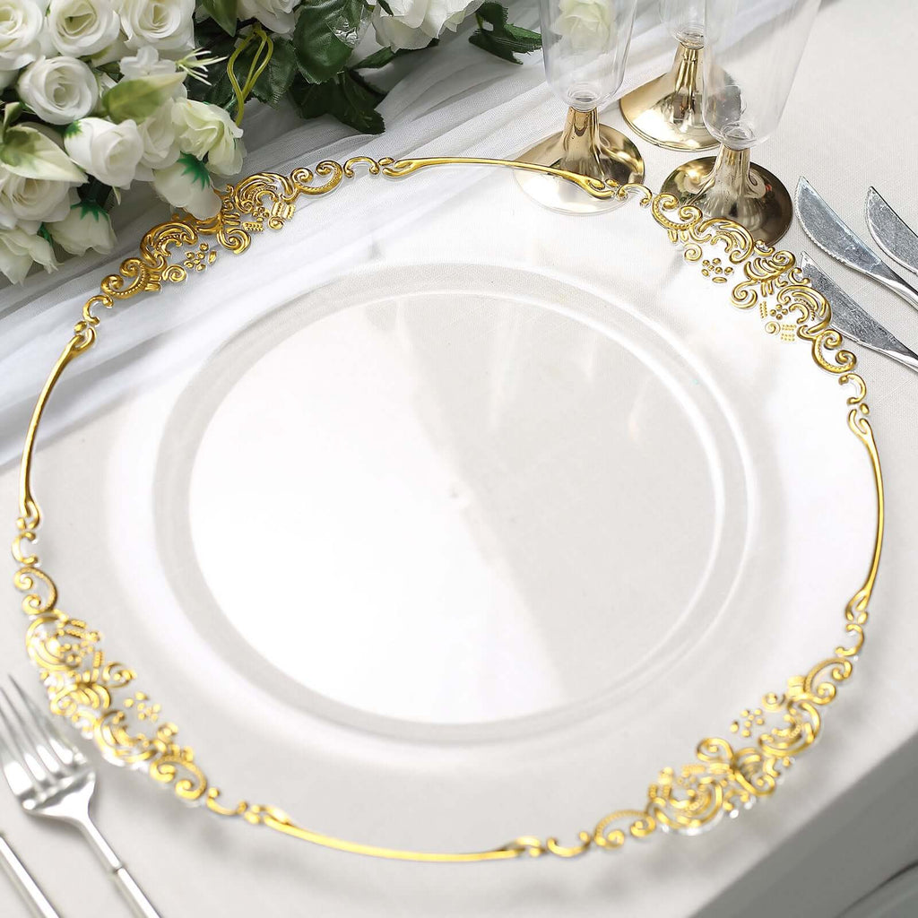 6 - Pack Acrylic Round Charger Plates 13" in Clear with Gold Embossed Baroque Rim, Antique Decorative Dinner Party Charger Tableware - Bell Racket Store