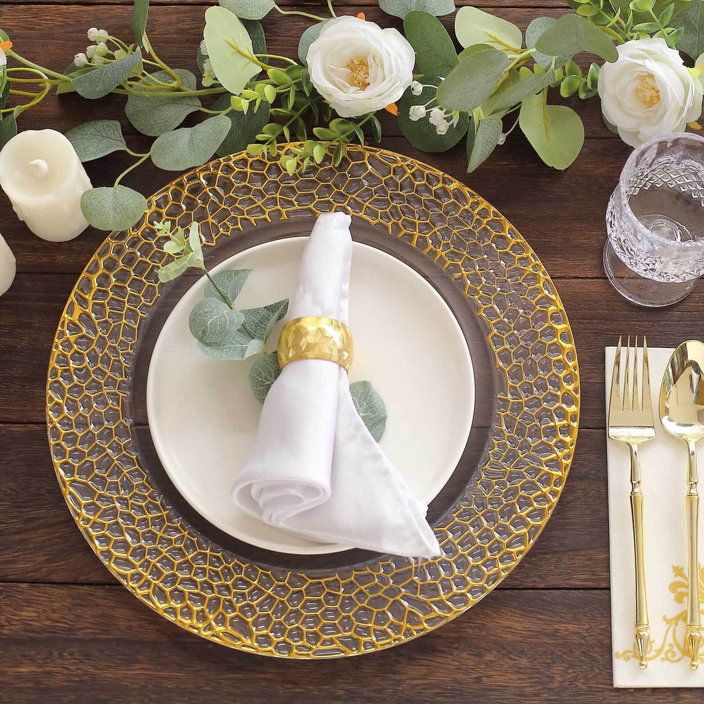 6 - Pack Acrylic Round Charger Plates 13" in Clear with Gold Hammered Rim, Decorative Plastic Charger Tableware - Bell Racket Store