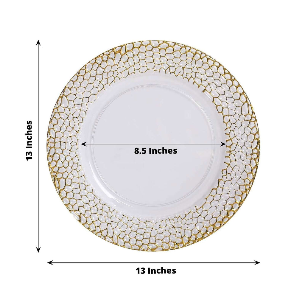 6 - Pack Acrylic Round Charger Plates 13" in Clear with Gold Hammered Rim, Decorative Plastic Charger Tableware - Bell Racket Store